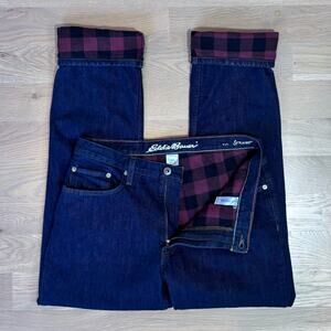 Eddie Bauer Flex Flannel Lined Jeans Buffalo Check Straight Dark Men Size 32x32